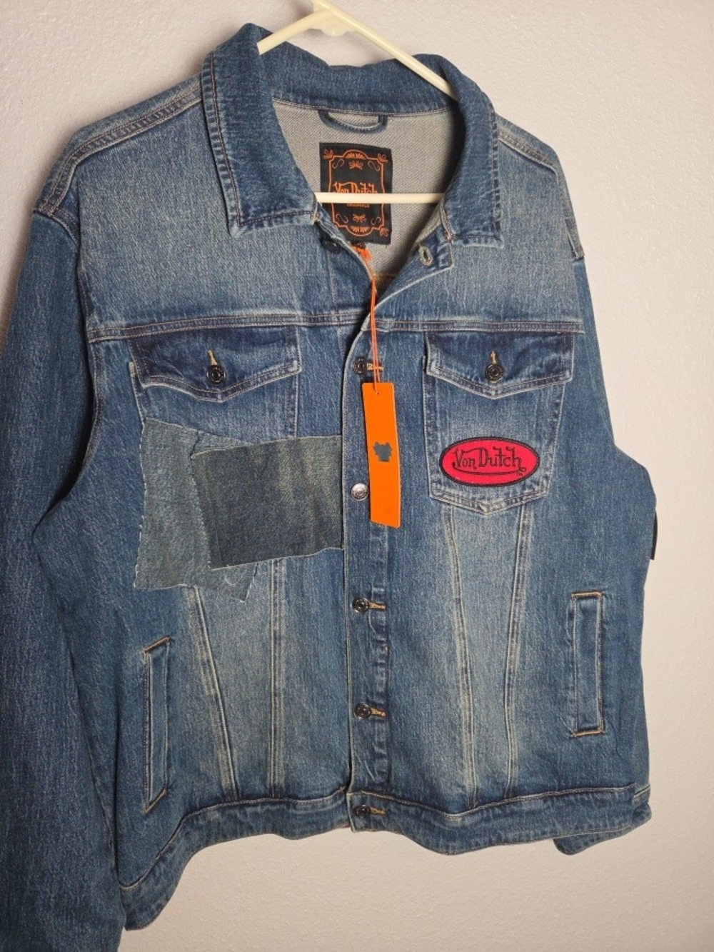 Von Dutch Blue Denim Patchwork Jacket with Orange Tag - Picture 2 of 11